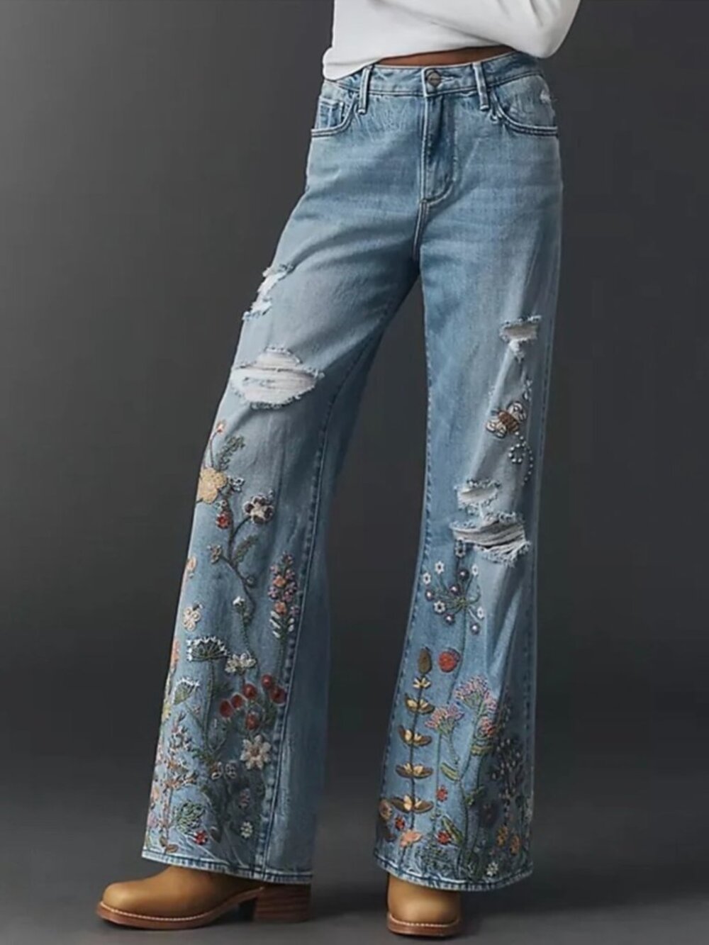 RARE Driftwood Marlena Embroidered Wide Leg Jeans 28 NWT Anthropologie